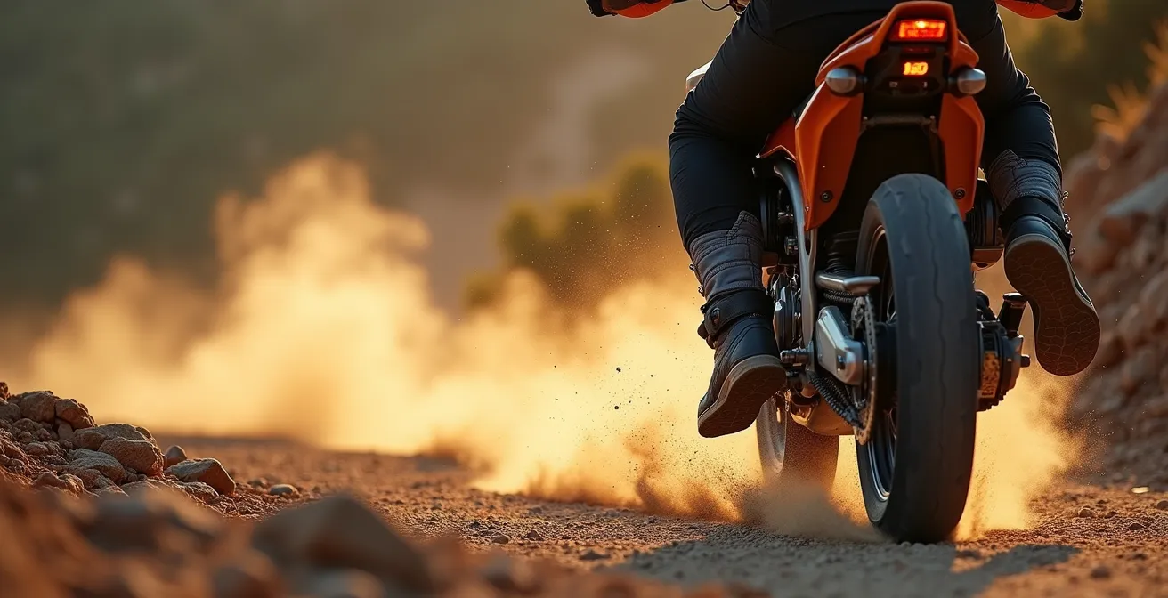 Rueda trasera bloqueada creando surco de frenada en bajada de tierra