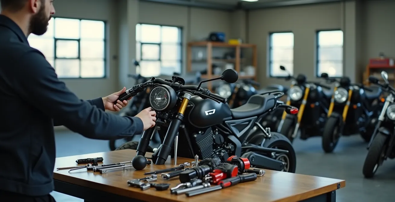 Mecánico especializado adaptando mandos de motocicleta para conductor con movilidad reducida