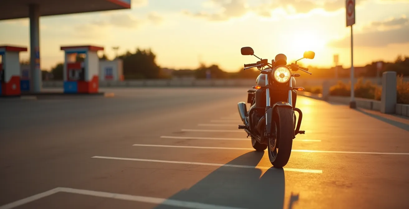 Vista ambiental de área de servicio con enfoque en seguridad de equipaje de moto