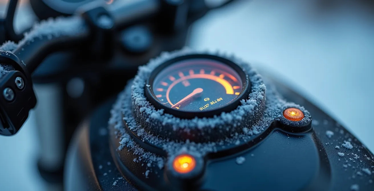 Detalle macro de indicador de temperatura en batería de moto eléctrica