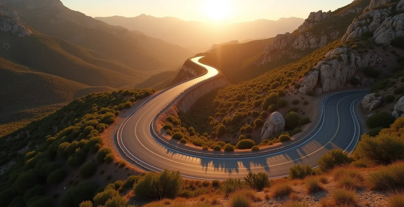 Vista aérea de una carretera serpenteante en las montañas españolas ideal para motociclismo