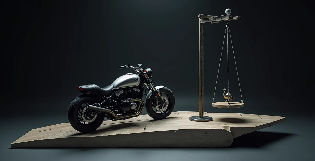 Diagrama técnico mostrando el centro de gravedad del motorista al inclinar