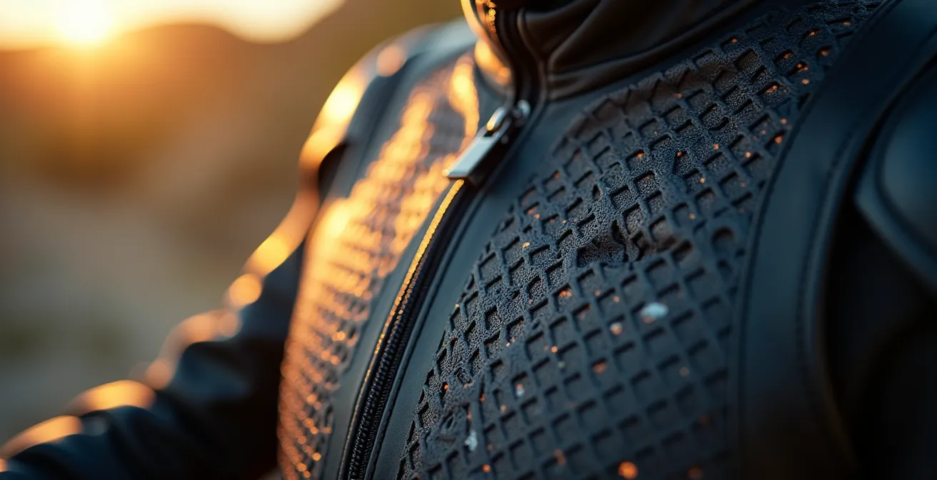 Detalle macro de tejido de malla ventilada para chaqueta de moto