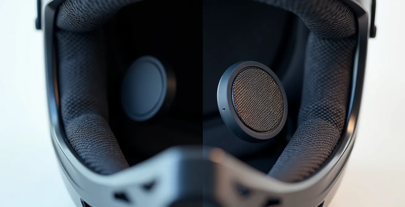 Comparación visual entre un auricular intrauditivo que se introduce en el oído y un altavoz plano integrado en el acolchado del casco de moto.