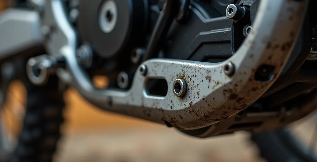 Vista detallada de cubrecarter y defensas instaladas en motor de moto trail