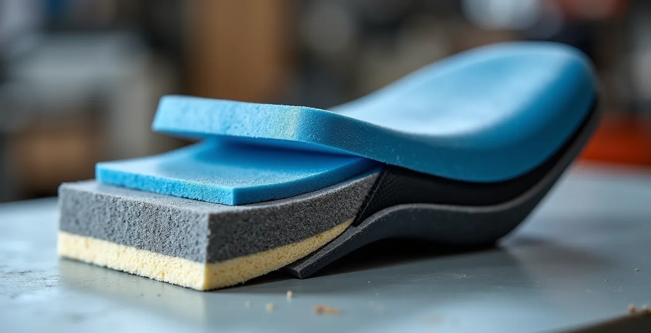 Corte transversal de asientos de moto mostrando capas de gel y viscoelástica