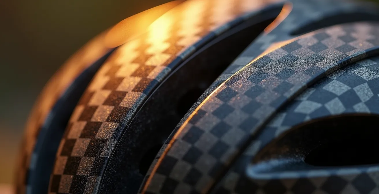 Detalle macro de la textura de fibra de carbono y policarbonato en cascos de moto