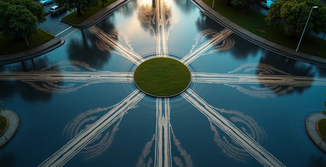 Vista aérea de una rotonda urbana mojada mostrando la trayectoria de una moto con sistemas de seguridad activos