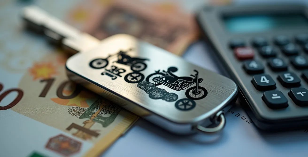 Llave de moto sobre documentos financieros, simbolizando la inversión y el valor de reventa del vehículo.