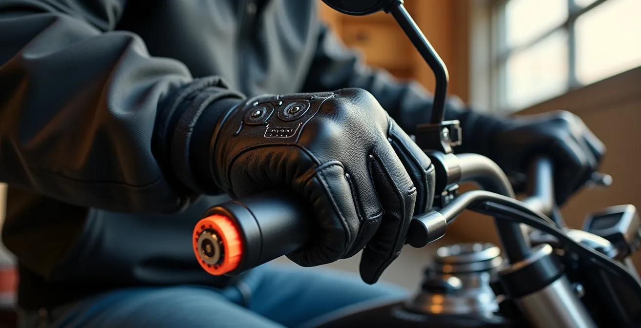 Detalle de contrapesos instalados en manillar de motocicleta