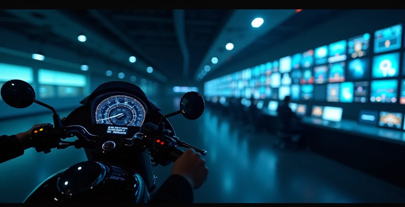 Panel de control abstracto mostrando flujo de datos anónimos desde motos hacia centro de gestión urbano