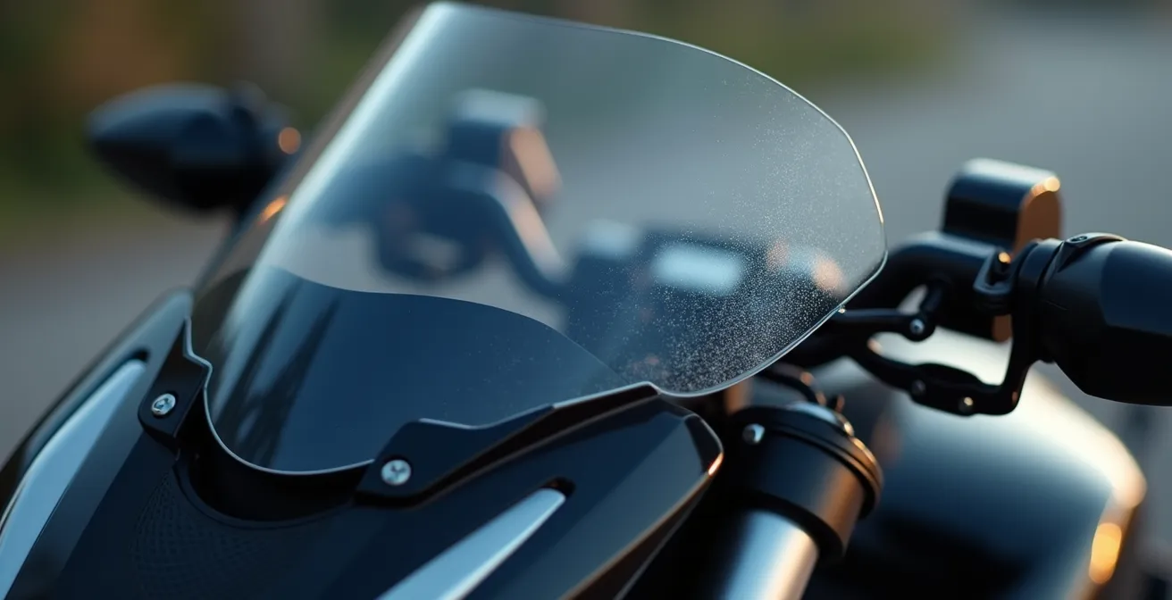 Vista macro detallada de un deflector ajustable instalado en el borde superior de una cúpula de motocicleta, mostrando el sistema de fijación clip-on
