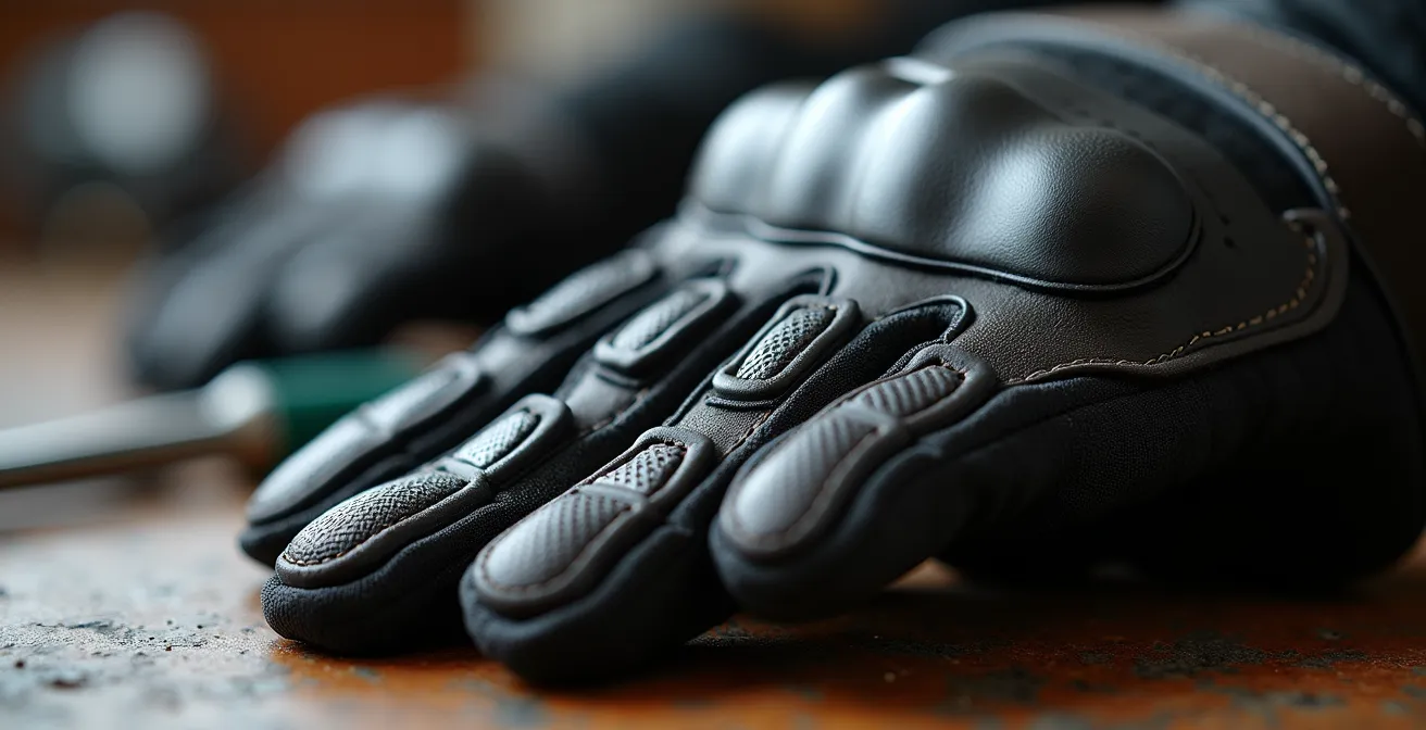 Detalle macro del deslizador de palma en guante de motociclista mostrando material TPU reforzado