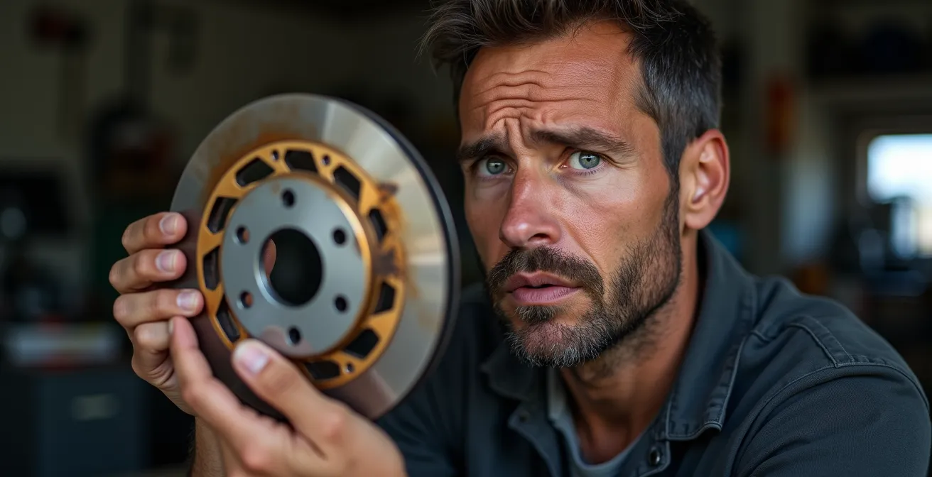 Disco de freno de moto con surcos profundos causados por pastillas desgastadas