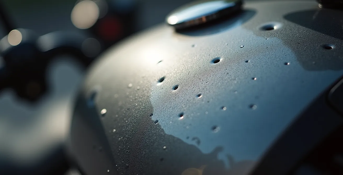 Detalle microscópico del efecto abrasivo del polvo bajo una bolsa magnética sobre la pintura de un depósito de moto