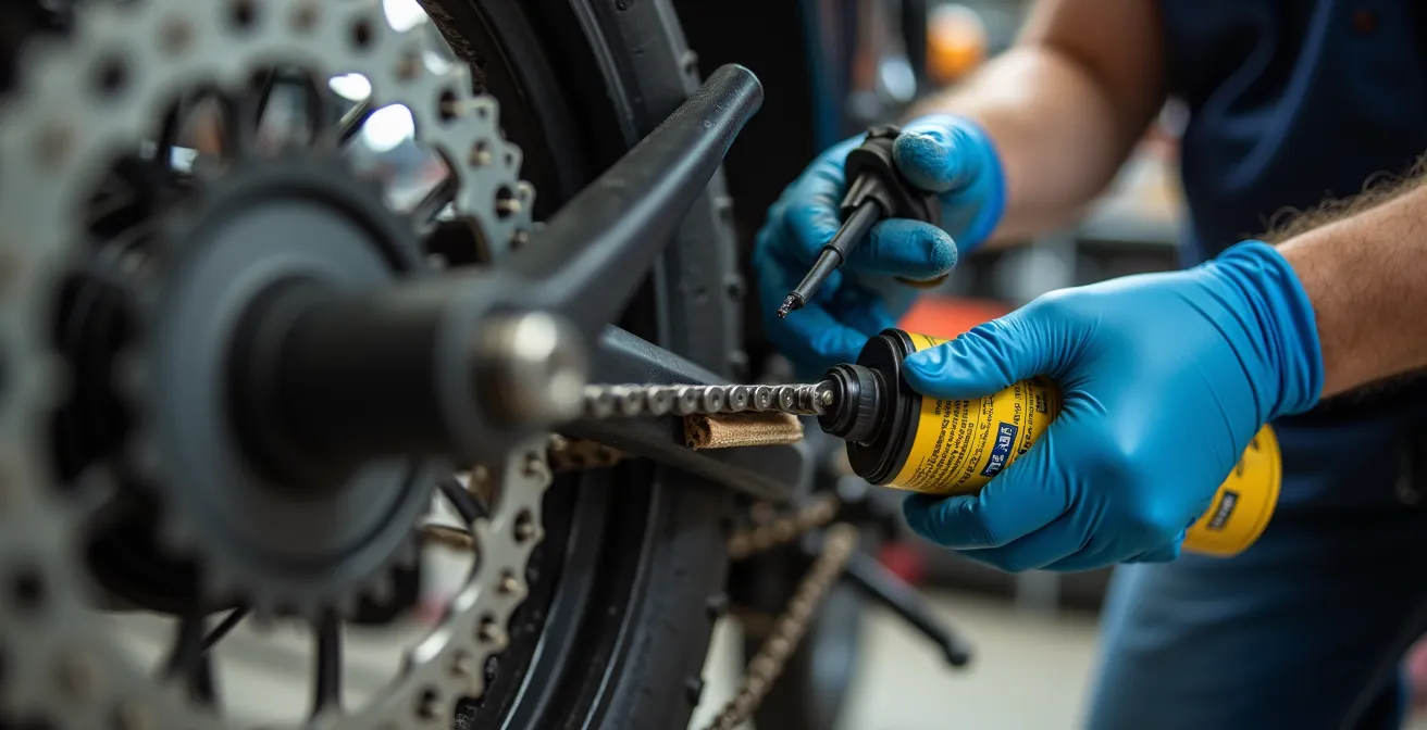Técnica de protección con cartón durante el engrase de cadena de moto