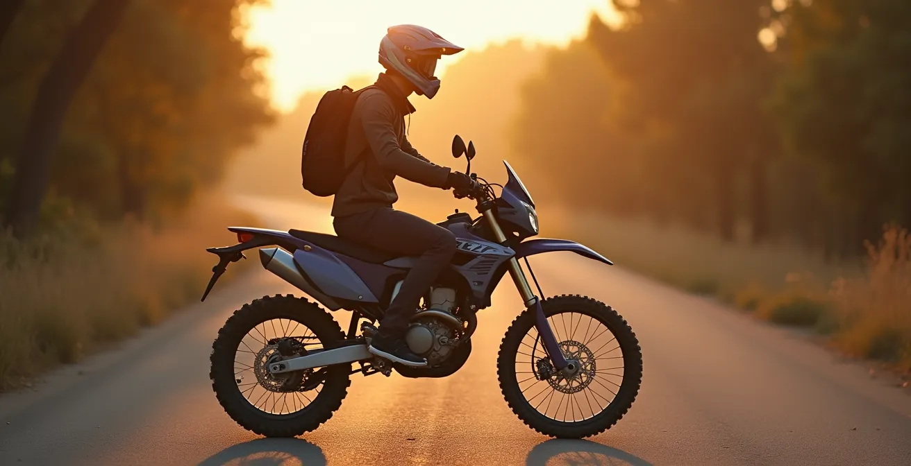 Piloto alto sentado cómodamente en moto trail mostrando posición ergonómica ideal