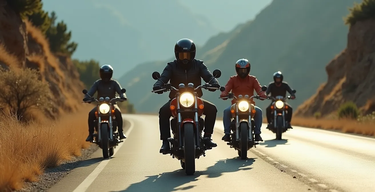 Grupo de motoristas en formación escalonada en carretera de montaña