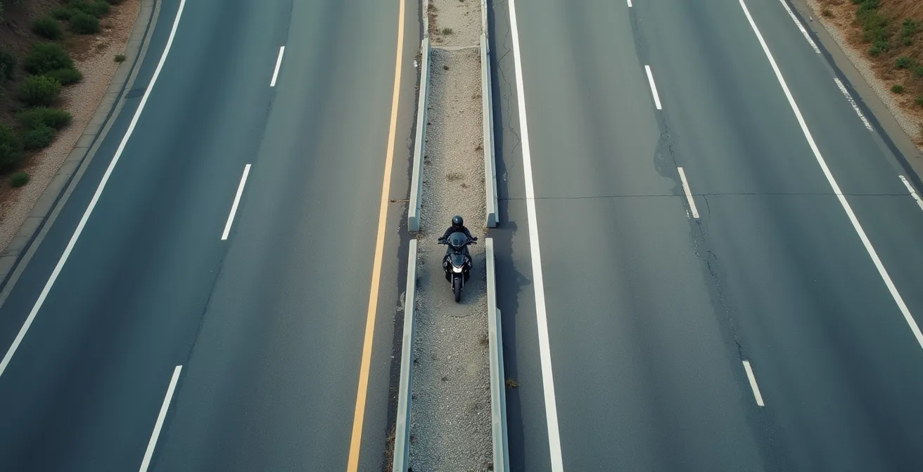 Vista aérea de motorista incorporándose a autovía respetando línea continua