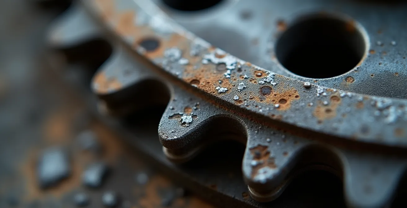 Inspección macro del desgaste de dientes en corona y cadena de moto mostrando el punto crítico de cambio