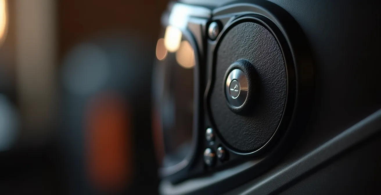 Detalle macro de intercomunicador homologado instalado en casco de moto mostrando certificación