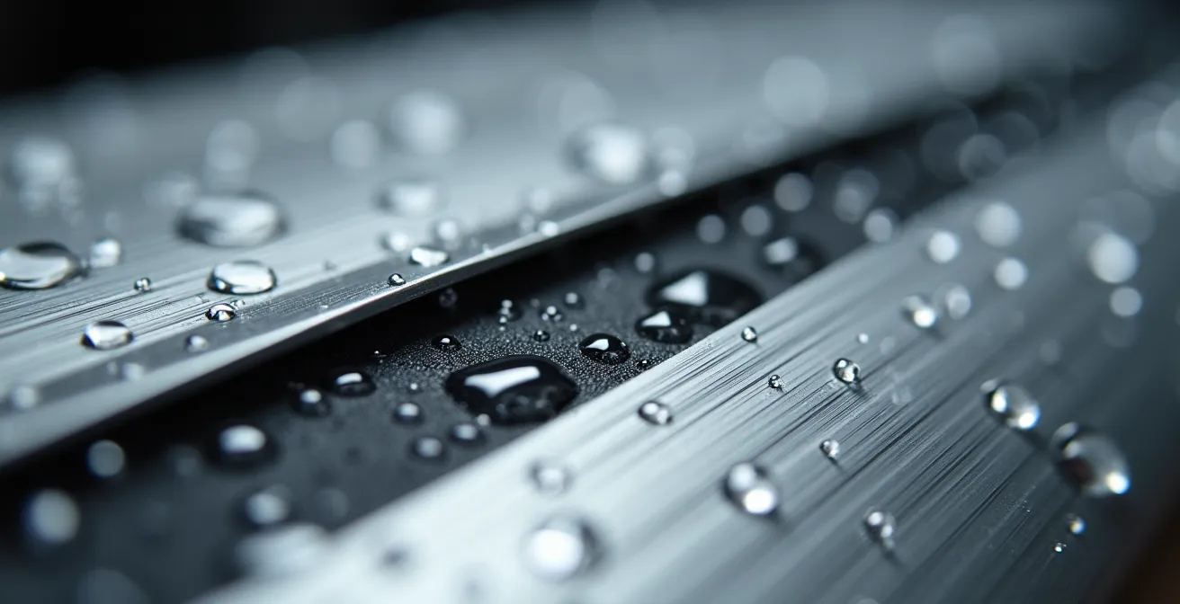 Detalle macro de cierre hermético de maleta de aluminio para moto con gotas de lluvia