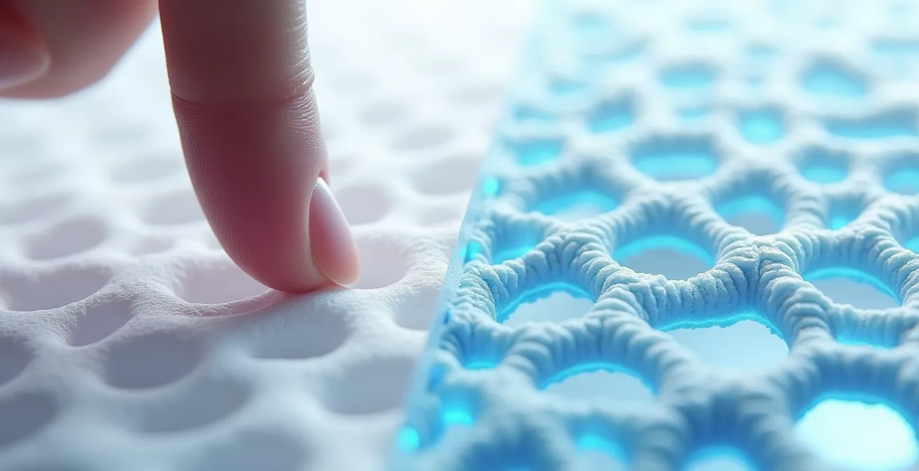 Material viscoelástico D3O mostrando su flexibilidad y estructura molecular