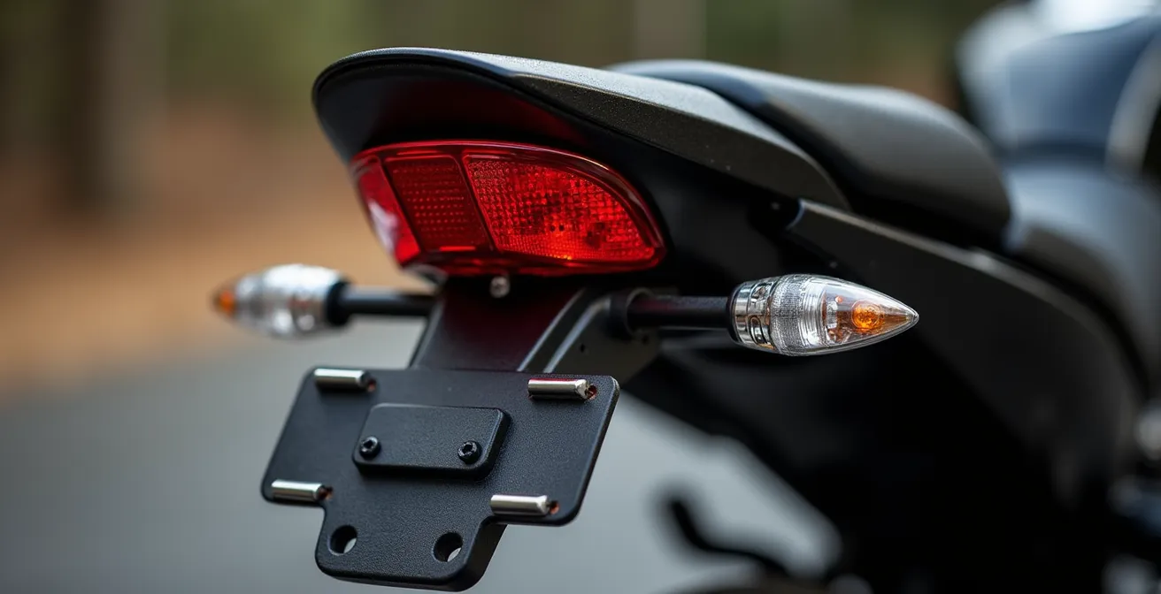 Detalle de portamatrículas homologado con ángulo correcto de 30 grados y catadióptrico rojo