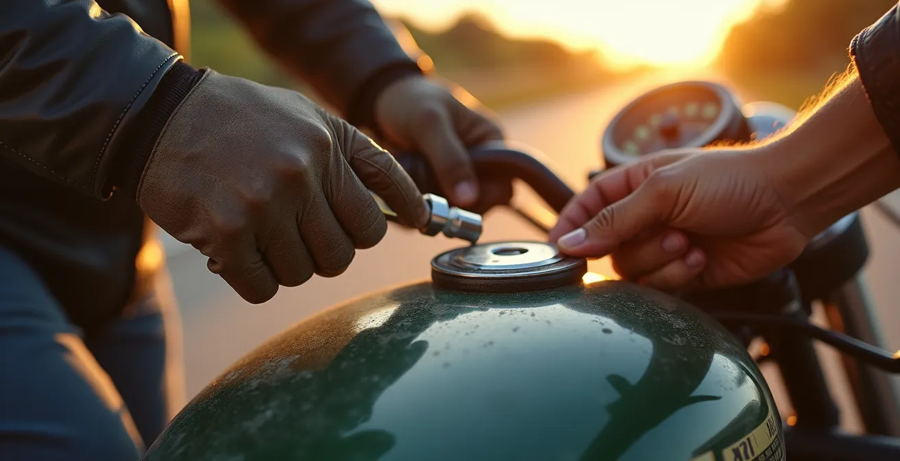 Detalle macro de manos compartiendo herramientas entre moteros en carretera