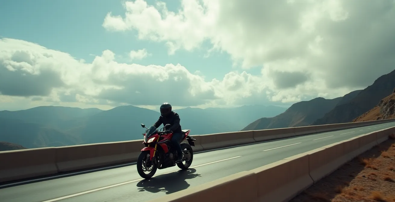 Motociclista inclinándose contra el viento lateral mientras cruza un viaducto elevado en una zona montañosa española