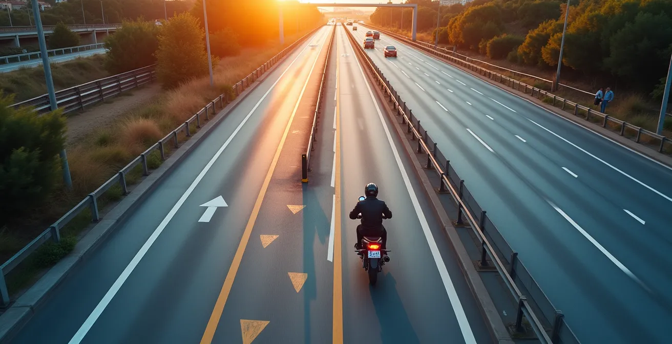 Motocicleta entrando correctamente en carril Bus-VAO señalizado en autopista española
