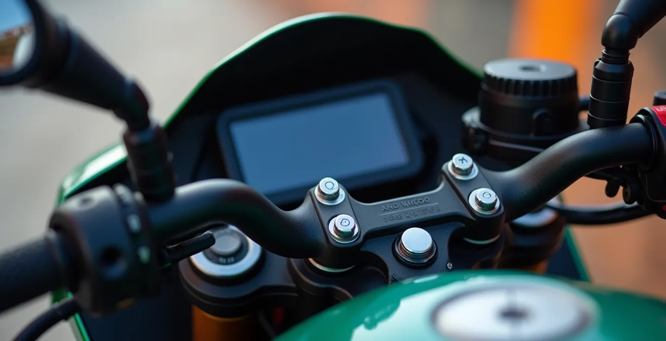 Panel de control electrónico de moto deportiva moderna con sistemas de asistencia