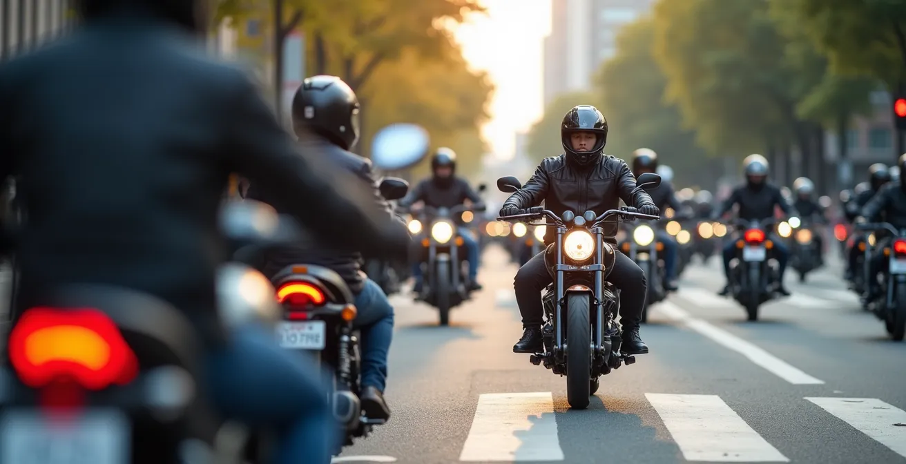 Línea de detención adelantada para motos en un semáforo de Madrid con varios motoristas esperando