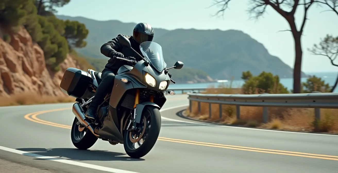 Moto inclinada luchando contra viento lateral fuerte en autopista costera española