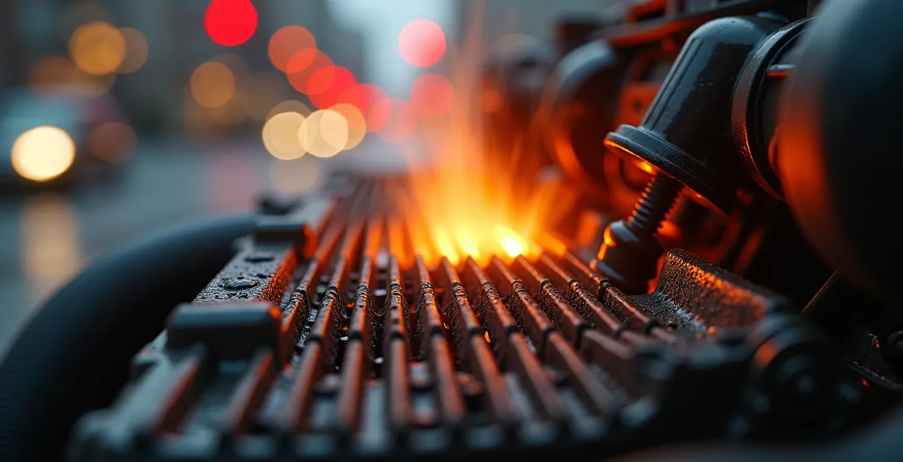 Motor de superbike 1000cc sobrecalentado en tráfico urbano denso de verano