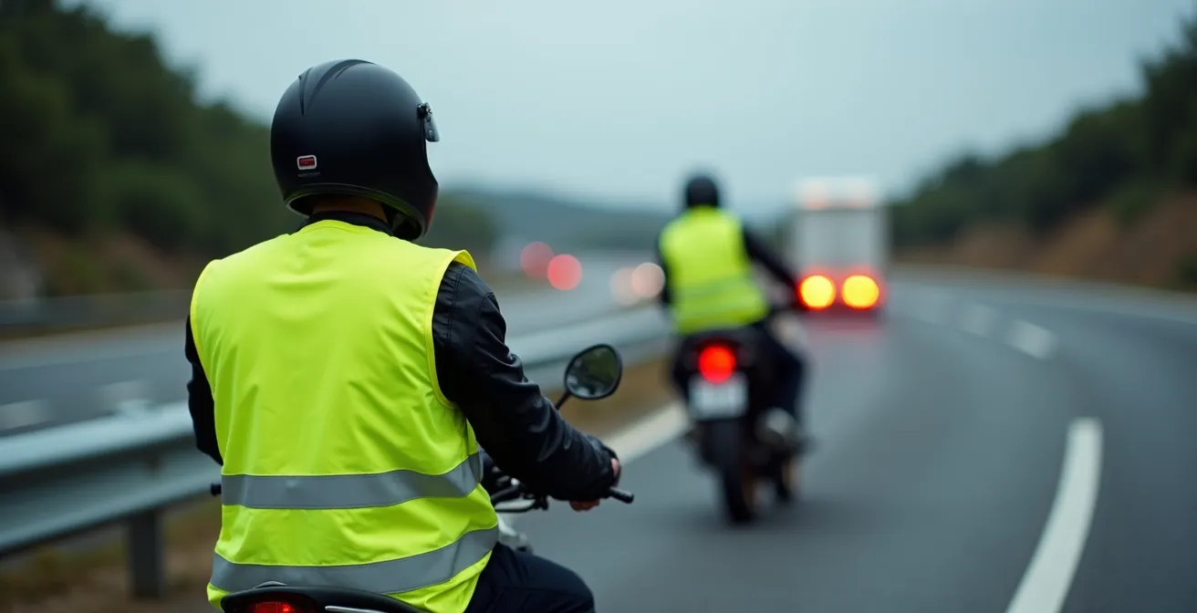 Motorista con chaleco reflectante situado detrás de la barrera de seguridad en autovía