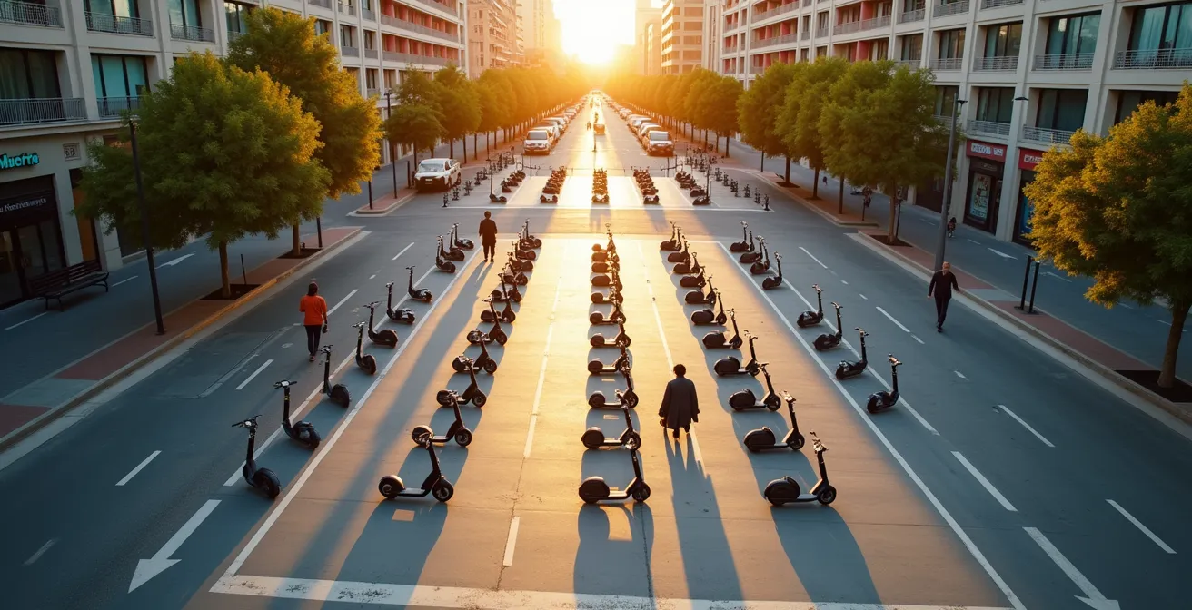 Vista aérea de zona urbana con motos eléctricas compartidas estacionadas en puntos estratégicos