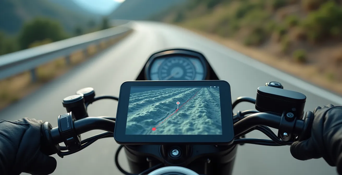 Motociclista siguiendo ruta sinuosa de montaña con información V2X proyectada abstractamente