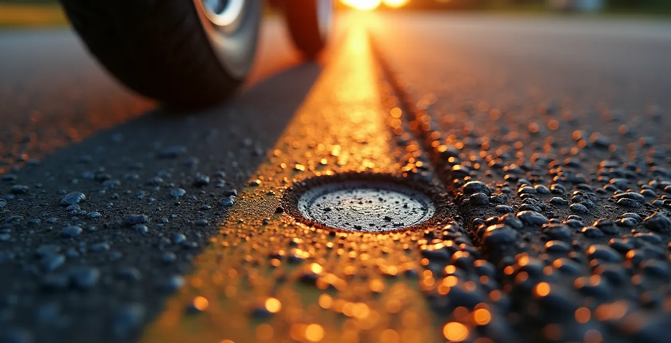 Detalle macro de la huella de contacto de un neumático de moto con exceso de presión en asfalto caliente