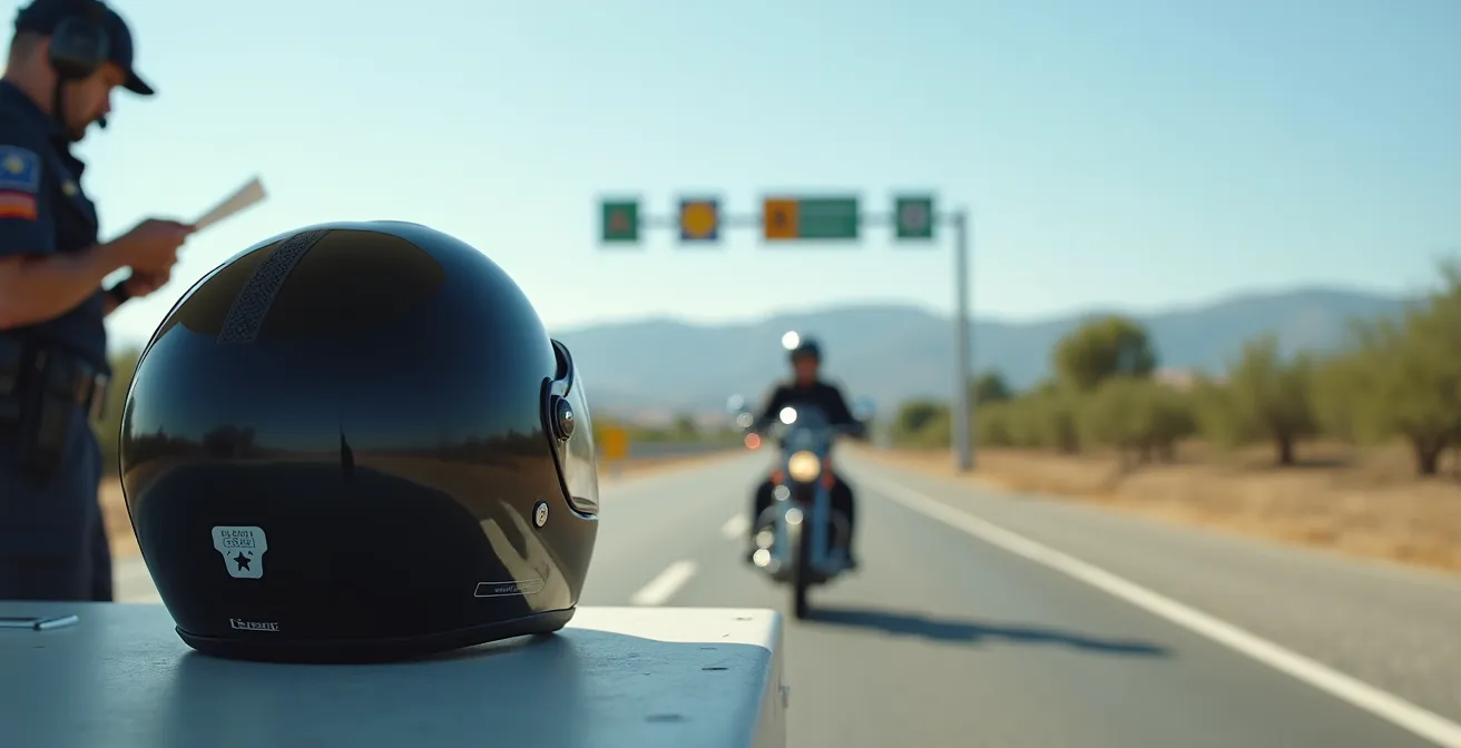 Agente de la Guardia Civil verificando la homologación de un casco en un control de carretera