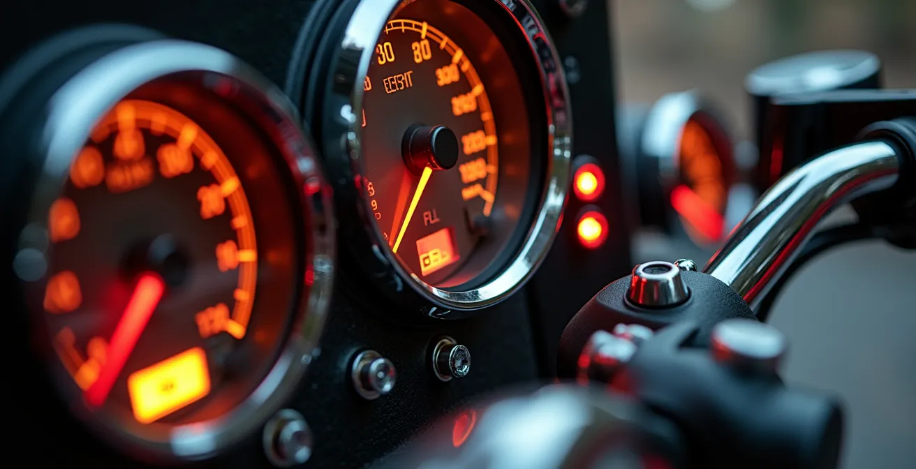 Panel de instrumentos de motocicleta con varios testigos de advertencia iluminados