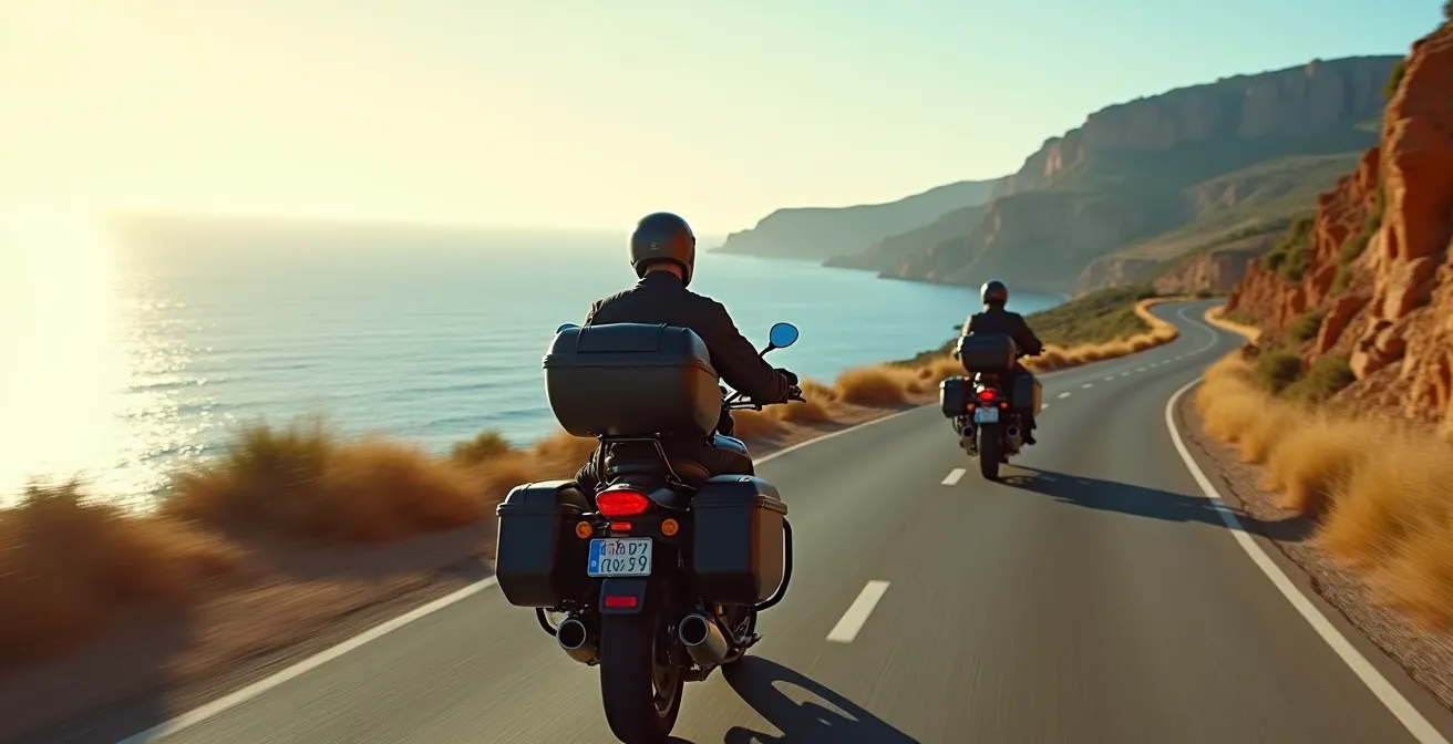 Vista trasera de pareja en moto con equipaje equilibrado en carretera costera