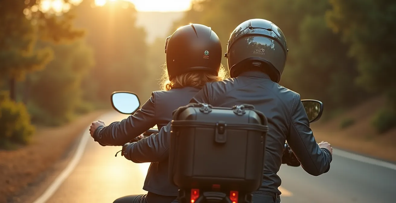 Pareja en moto GT con respaldo y equipamiento de confort en ruta española