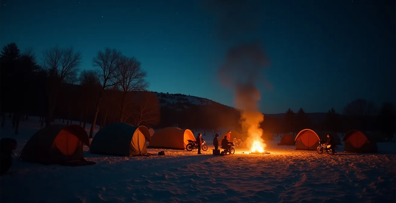 Moteros alrededor de hoguera nocturna en concentración Pingüinos de Valladolid