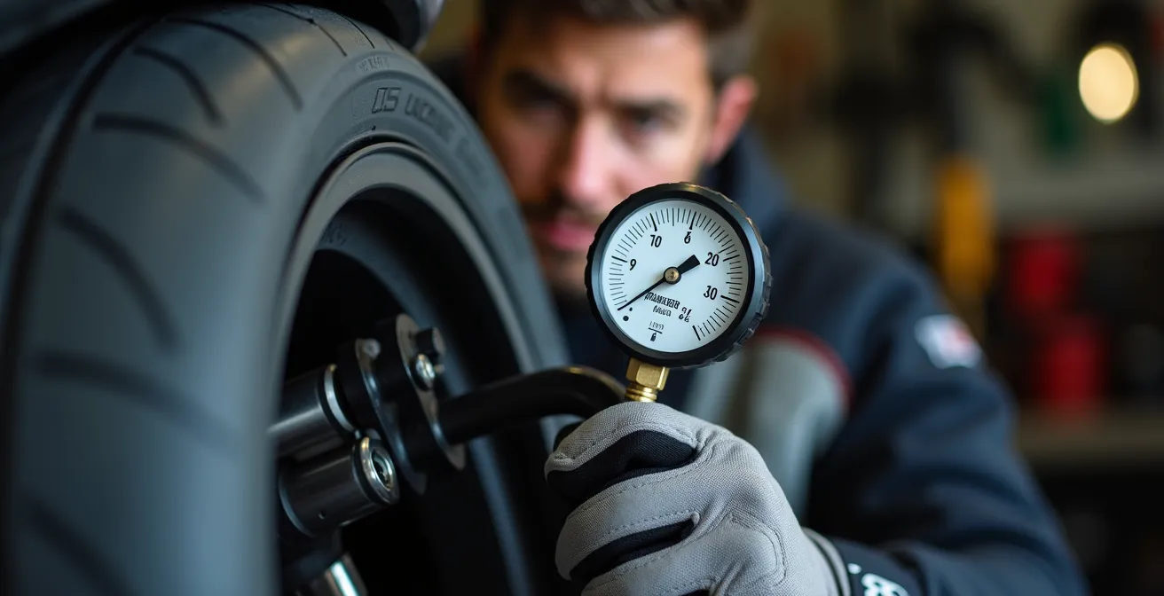 Vista macro de la huella de contacto del neumático mostrando deformación por baja presión