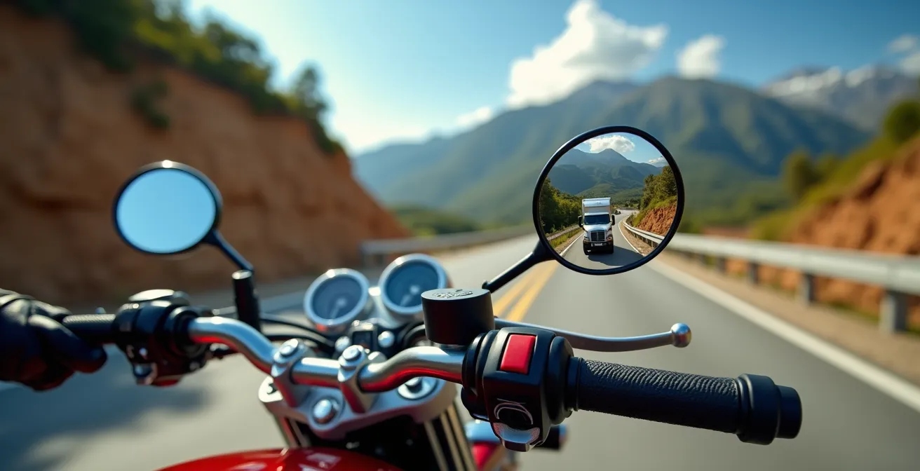 Moto esperando paso de camión en puente estrecho de montaña española