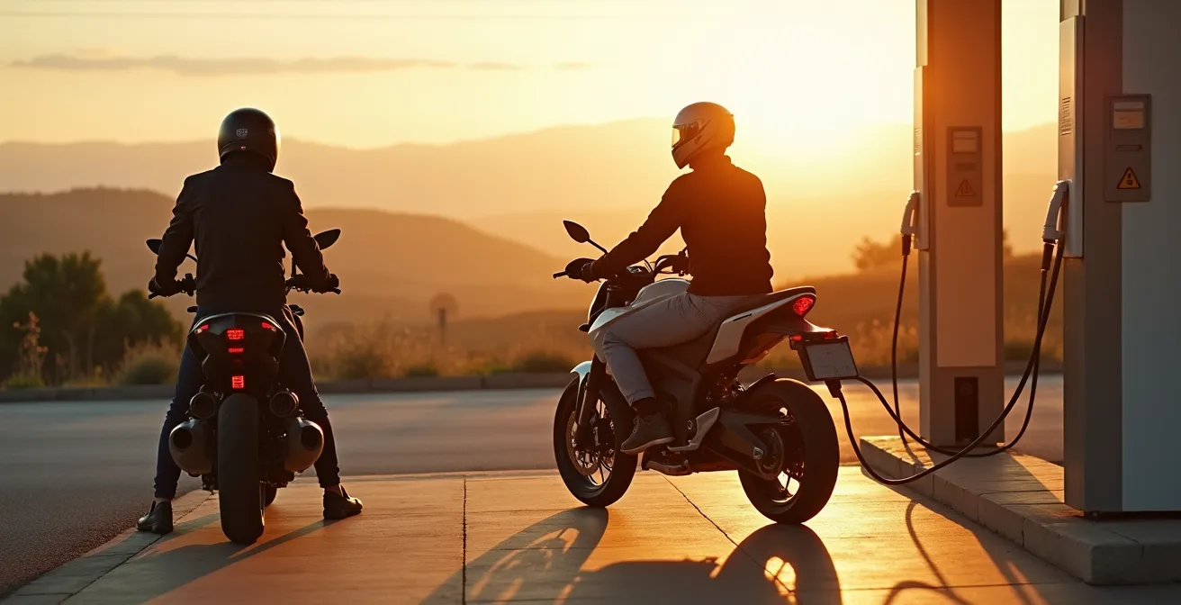 Moto eléctrica conectada a punto de carga en área de servicio