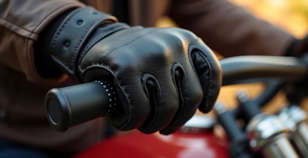 Detalle macro de manos relajadas sobre puños de moto mostrando posición correcta
