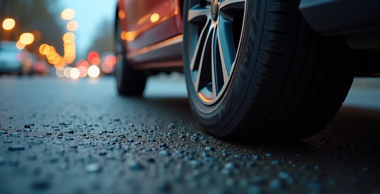Detalle macro de rueda delantera de coche girada mostrando la dirección de giro inminente