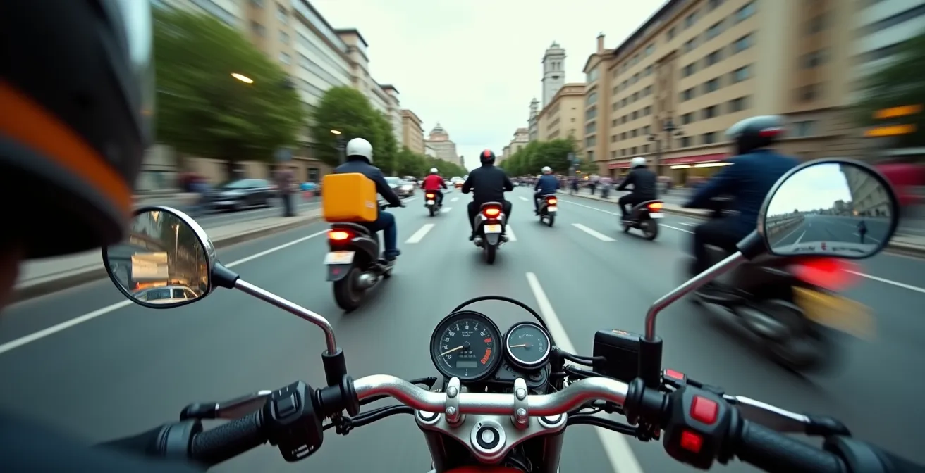 Perspectiva de un motorista en una rotonda compleja y concurrida, no evaluada en el examen de la DGT.
